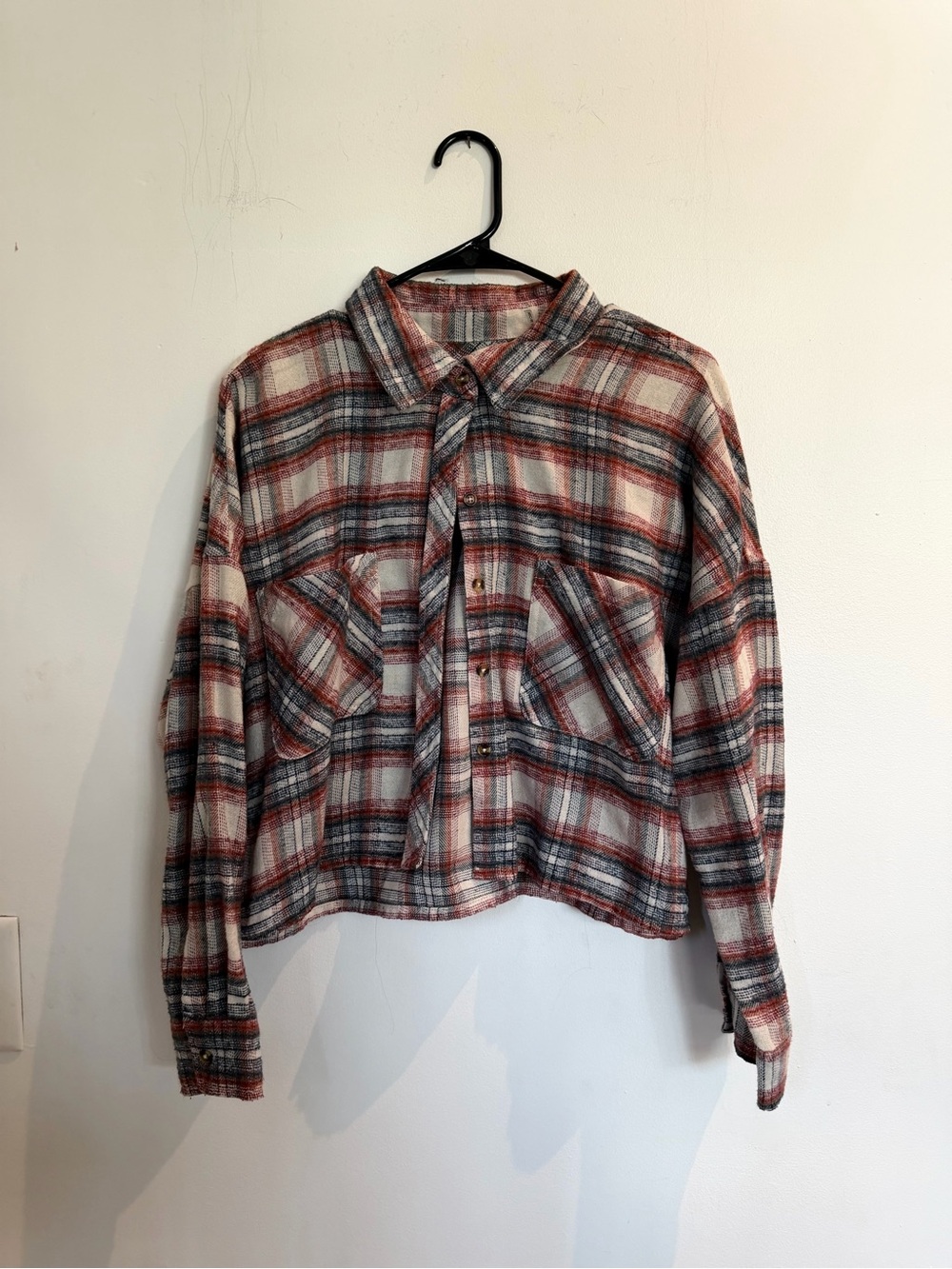 Cisono Plaid Button-Down Shirt Jacket in Red, White, and Gray